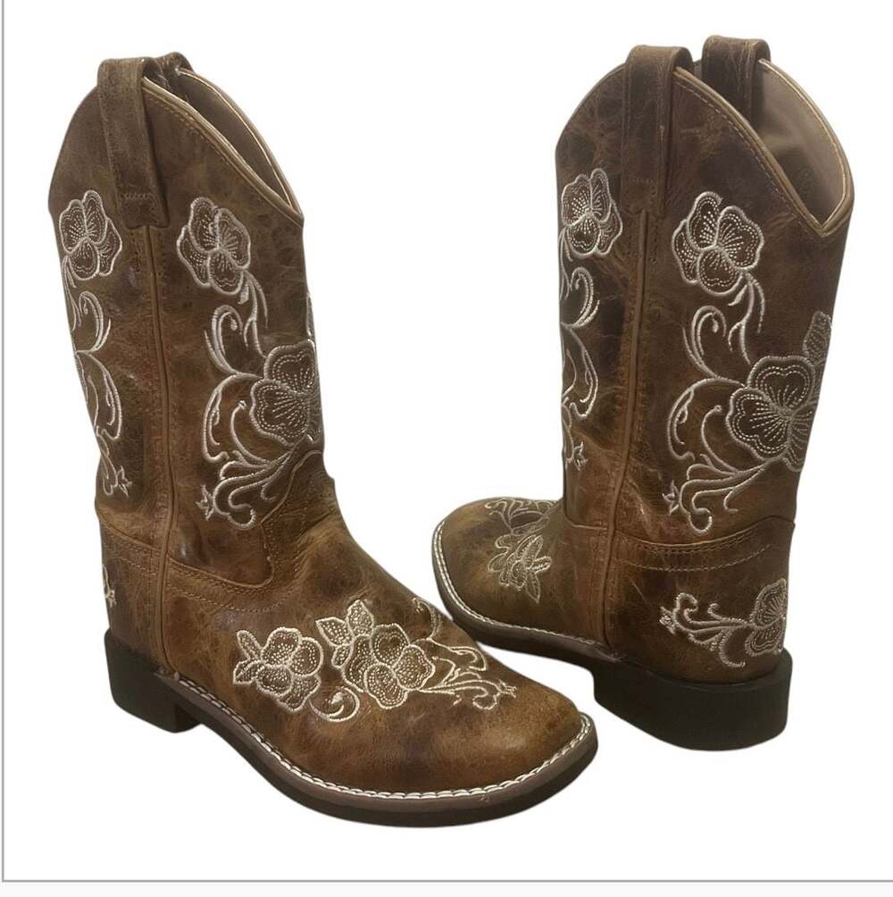 Shyanne Girls' Little Lasy Floral Embroidered Western Boots Broad Square Toe